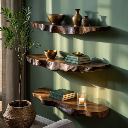 GrainHaven Floating Shelf – Rustic Live Edge Solid Wood Wall Display - Bespoke Wood TTK