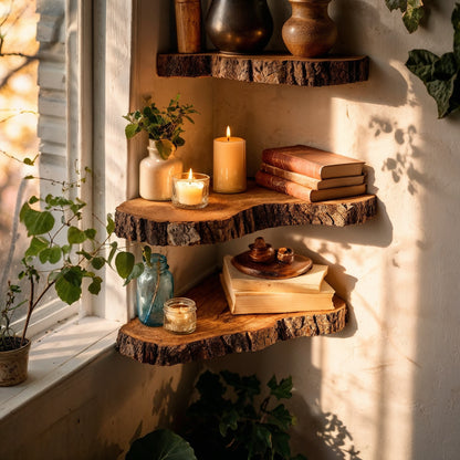 HearthNest Corner Shelf – Rustic Live Edge Floating Wall Decor - Bespoke Wood TTK