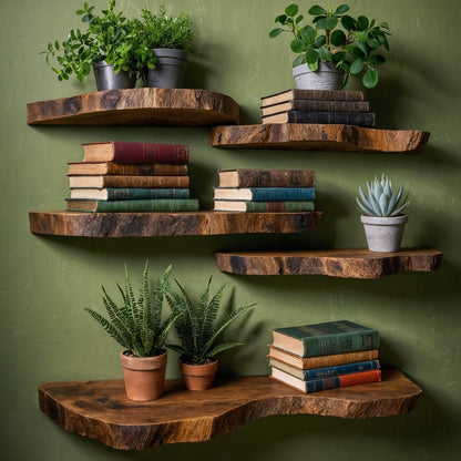 WoodStone Floating Shelf – Long Live Edge Wall-Mounted Solid Wood Bookshelf - Bespoke Wood TTK