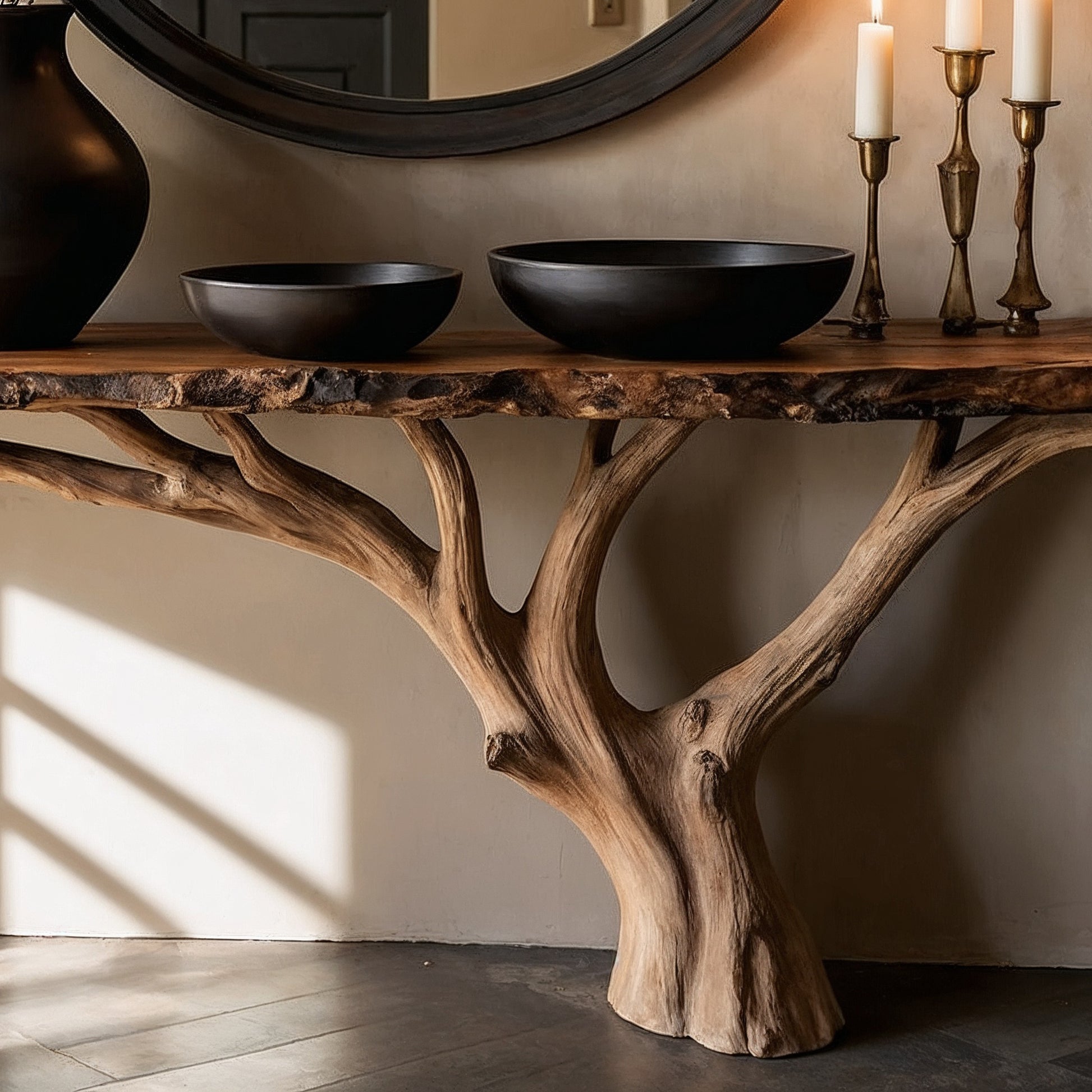 BranchRoot Entryway Console – Rustic Live Edge Solid Wood Hall Table - Bespoke Wood TTK