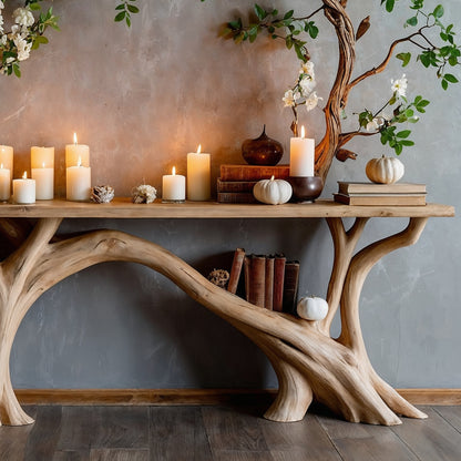 CanopyBloom Tree Console Table – Natural Wood Entryway with Branch Shelf - Bespoke Wood TTK
