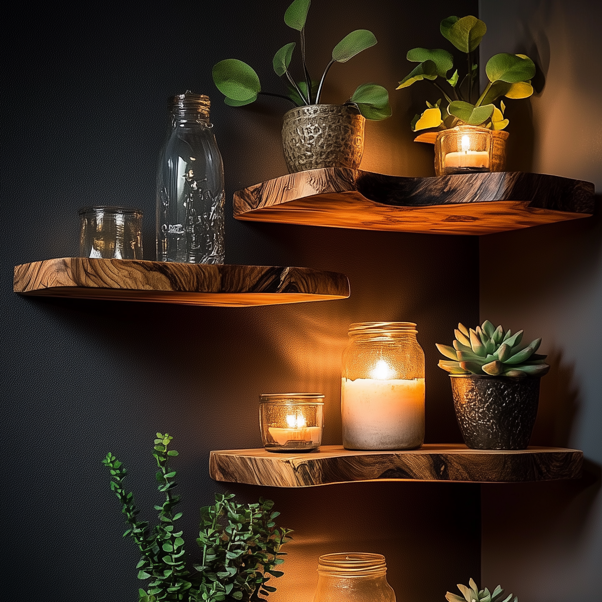 BranchWeave Floating Corner Shelf – Custom Live Edge Solid Wood Bookshelves for Rustic Homes