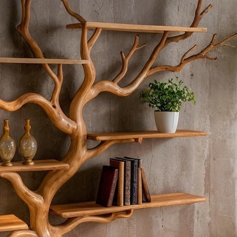 Rootform Tree Bookshelf  Handcrafted Wooden Tree Branch Shelf For Home Or Office Decor