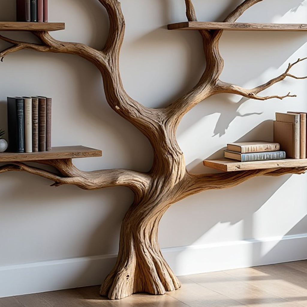 Grainsculpt Tree Bookshelf  Handcrafted Live Edge Driftwood Branch Bookcase For Rustic Living Room Decor
