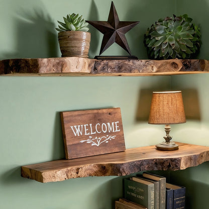WoodWisp Floating Shelf – Rustic Live Edge Solid Wood Wall Bookshelf - Bespoke Wood TTK