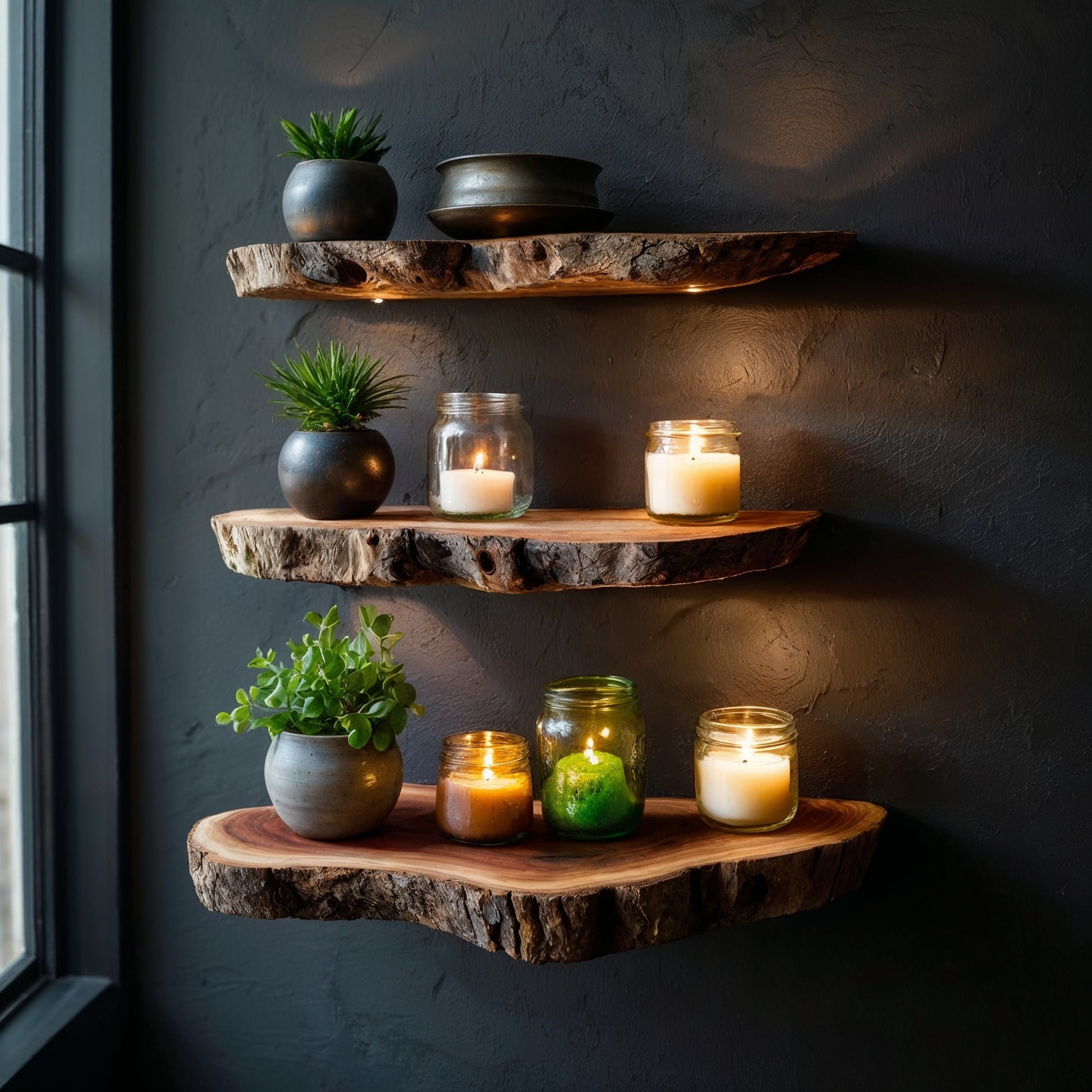 TimberLuxe Floating Shelf | Rustic Live Edge Wood Desk & Wall Decor - Bespoke Wood TTK