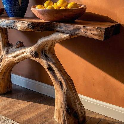 SunRoot Console Table – Rustic Live Edge Entryway Table with Organic Tree Base - Bespoke Wood TTK