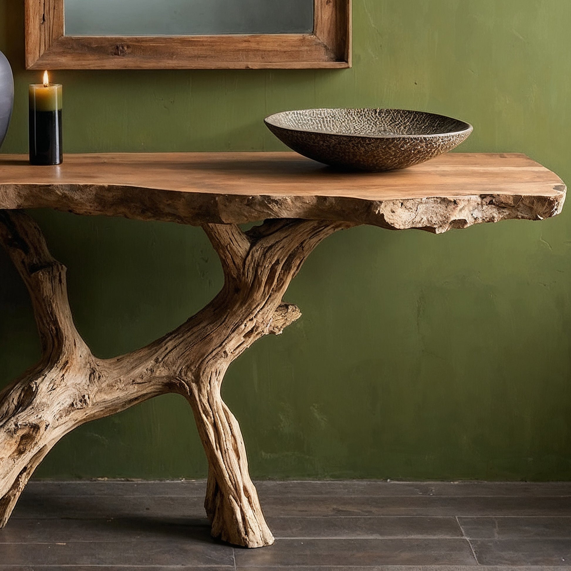 MossRoot Console Table – Rustic Live Edge Entry Table with Natural Wood Base - Bespoke Wood TTK