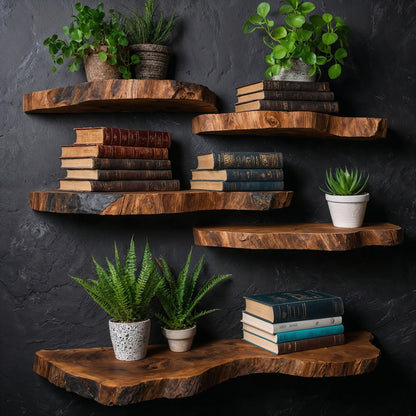 WoodStone Floating Shelf – Long Live Edge Wall-Mounted Solid Wood Bookshelf - Bespoke Wood TTK