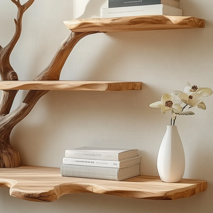 Bloomloom Tree Bookshelf | Wall-Mounted Wooden Branch Shelf With White Floral Accents For Nature-Inspired Decor - Bespoke Wood TTK