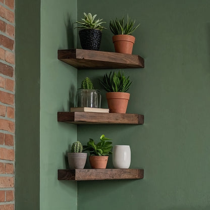 GrainPoint Corner Shelf – Handmade Floating Wooden Wall Shelf - Bespoke Wood TTK