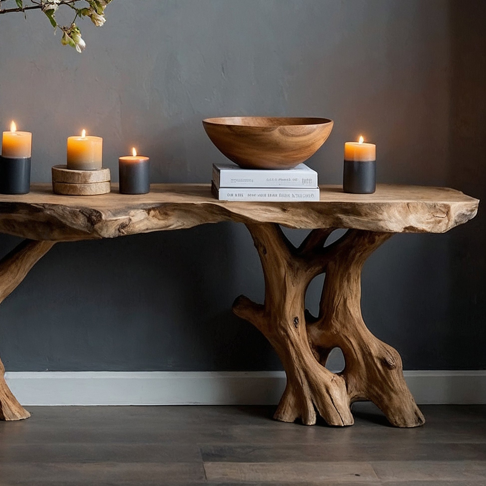 RootPath Console Table – Rustic Live Edge Entryway Table with Sculptural Wood Base - Bespoke Wood TTK