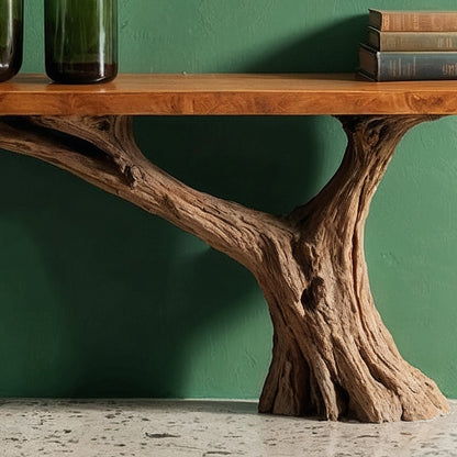 RootGlint Console Table – Reclaimed Wood Hallway Table with Natural Tree Base - Bespoke Wood TTK