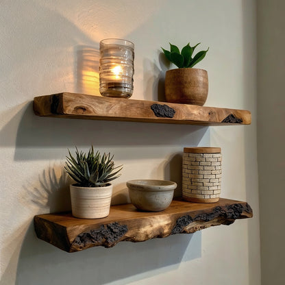 DriftMark Floating Shelf  – Rustic Live Edge Wall Display for Plants & Decor - Bespoke Wood TTK