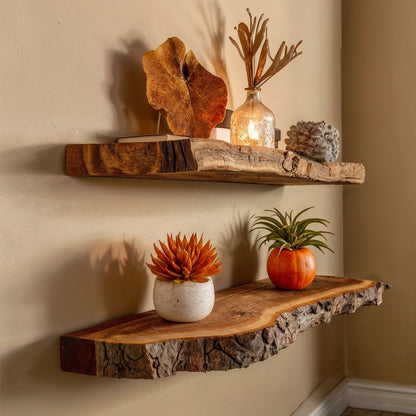 RustGlen Live Edge Shelf – Artisan Floating Wooden Wall Decor - Bespoke Wood TTK