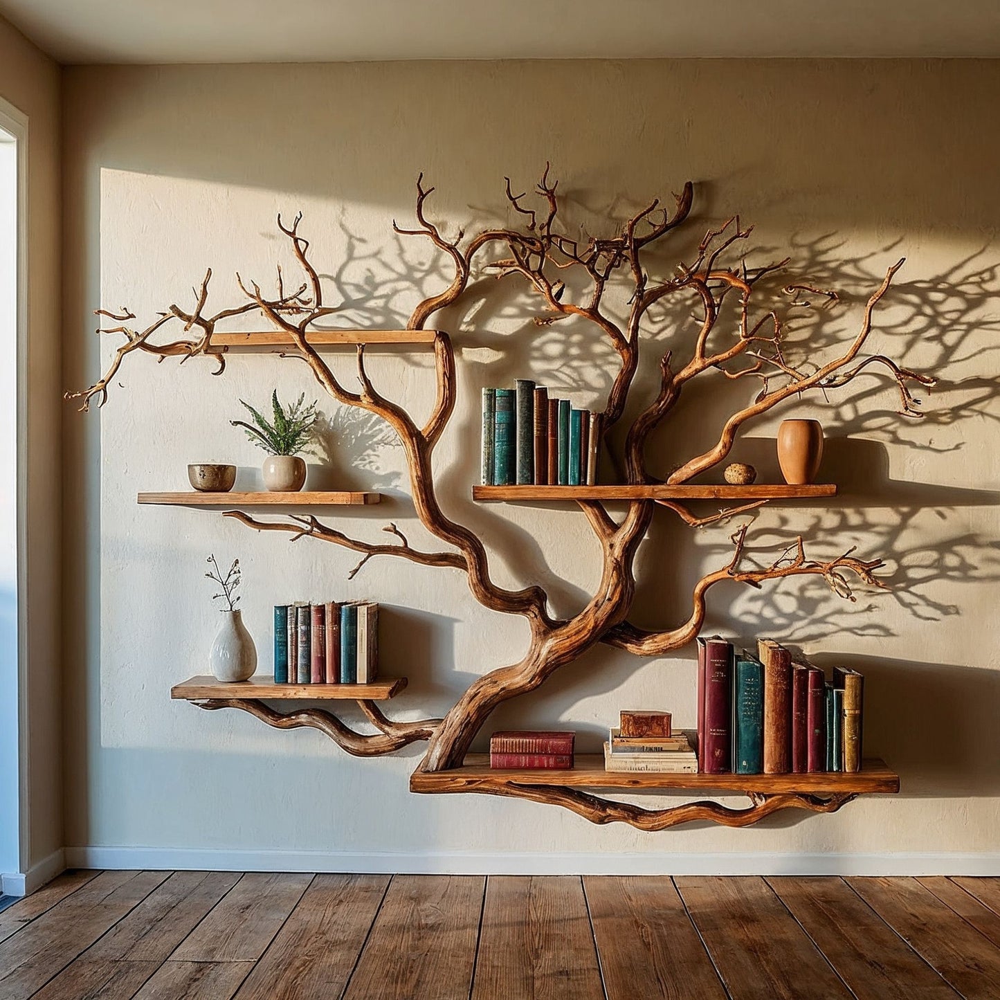WaveNest Tree Bookshelf | Handmade Driftwood Branch Wall Bookcase - Bespoke Wood TTK