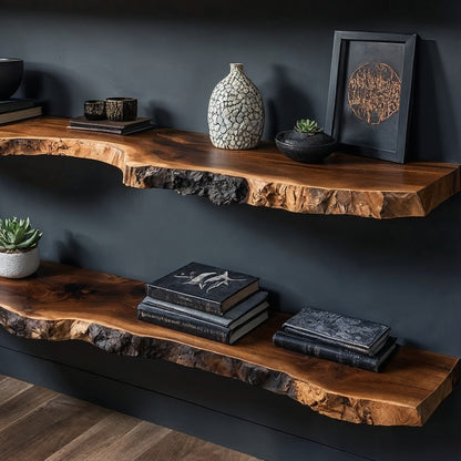 TimberLine Floating Shelf – Long Live Edge Wall-Mounted Solid Wood Bookshelf - Bespoke Wood TTK