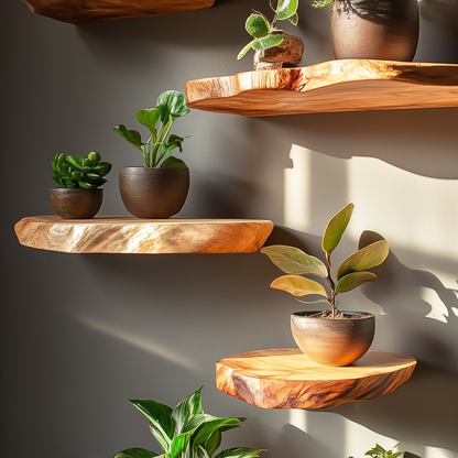 Sunrise Edge Floating Shelf – Organic Wood Corner Wall Display - Bespoke Wood TTK
