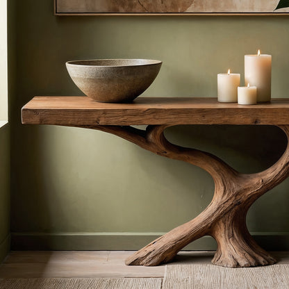 FlowRoot Console Table – Handmade Live Edge Entry Table With Sculptural Wooden Base - Bespoke Wood TTK