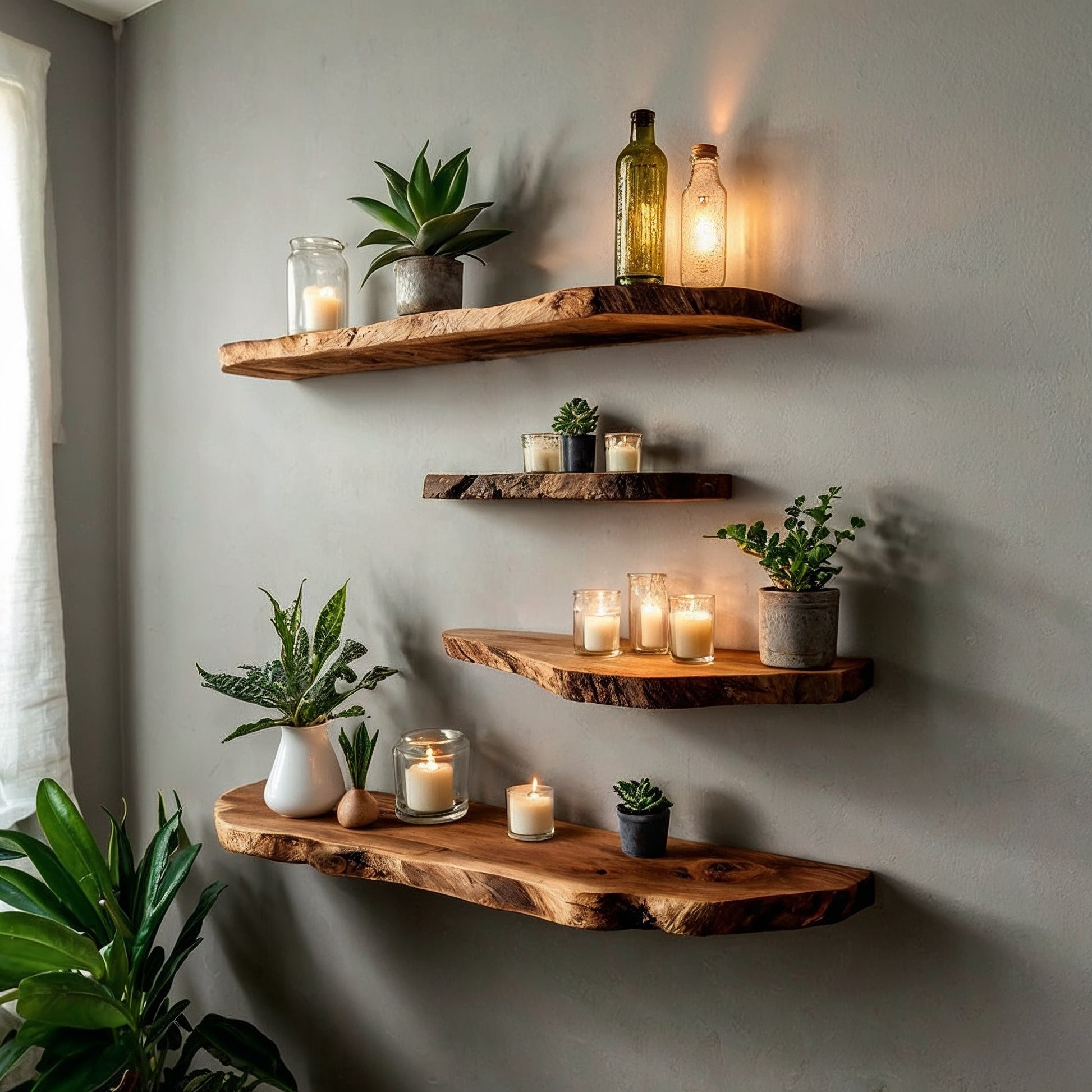 GlowBranch Floating Shelf – Live Edge Wall Shelf for Candles, Plants & Decor - Bespoke Wood TTK