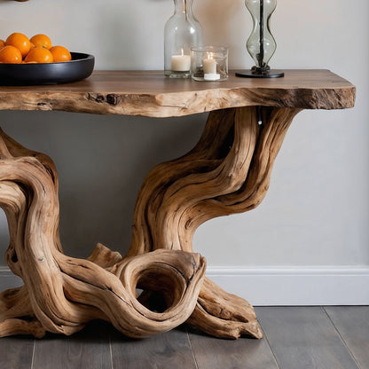 TwistRoot Console Table – Live Edge Solid Wood Entryway Table with Sculptural Base - Bespoke Wood TTK