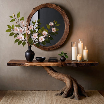 RootBloom Console Table – Handmade Live Edge Entryway Table with Natural Base - Bespoke Wood TTK