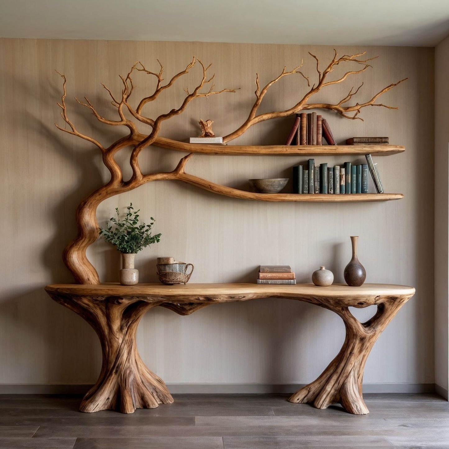 BranchFlow Console Table | Live Edge Table with Tree Bookshelf Display - Bespoke Wood TTK