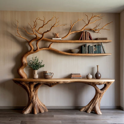 BranchFlow Console Table | Live Edge Table with Tree Bookshelf Display - Bespoke Wood TTK