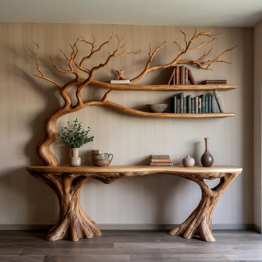 BranchFlow Console Table | Live Edge Table with Tree Bookshelf Display - Bespoke Wood TTK