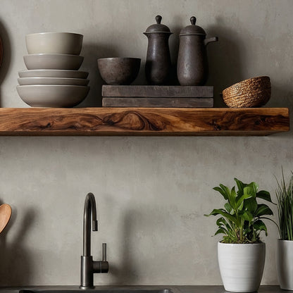 Woodara Floating Shelf – Handmade Live Edge Kitchen Shelf Above Counter - Bespoke Wood TTK