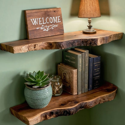 WoodWisp Floating Shelf – Rustic Live Edge Solid Wood Wall Bookshelf - Bespoke Wood TTK