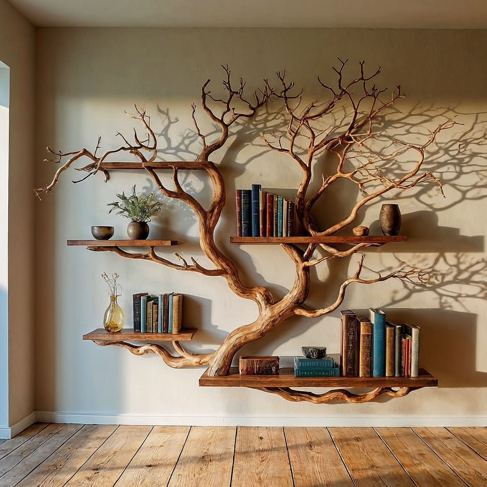 WaveNest Tree Bookshelf | Handmade Driftwood Branch Wall Bookcase - Bespoke Wood TTK