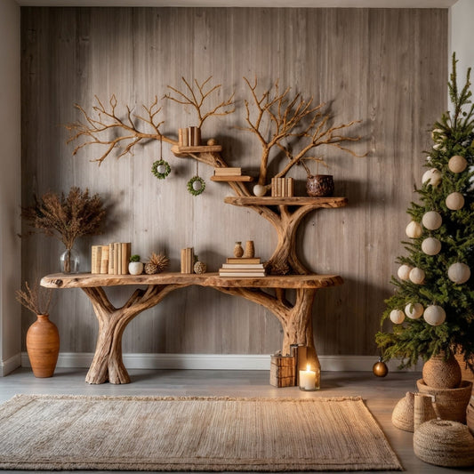 SolsticeTree Console Table | Live Edge Farmhouse Entryway with Bookshelf - Bespoke Wood TTK