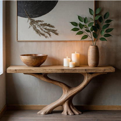 FlowRoot Console Table – Handmade Live Edge Entry Table With Sculptural Wooden Base - Bespoke Wood TTK