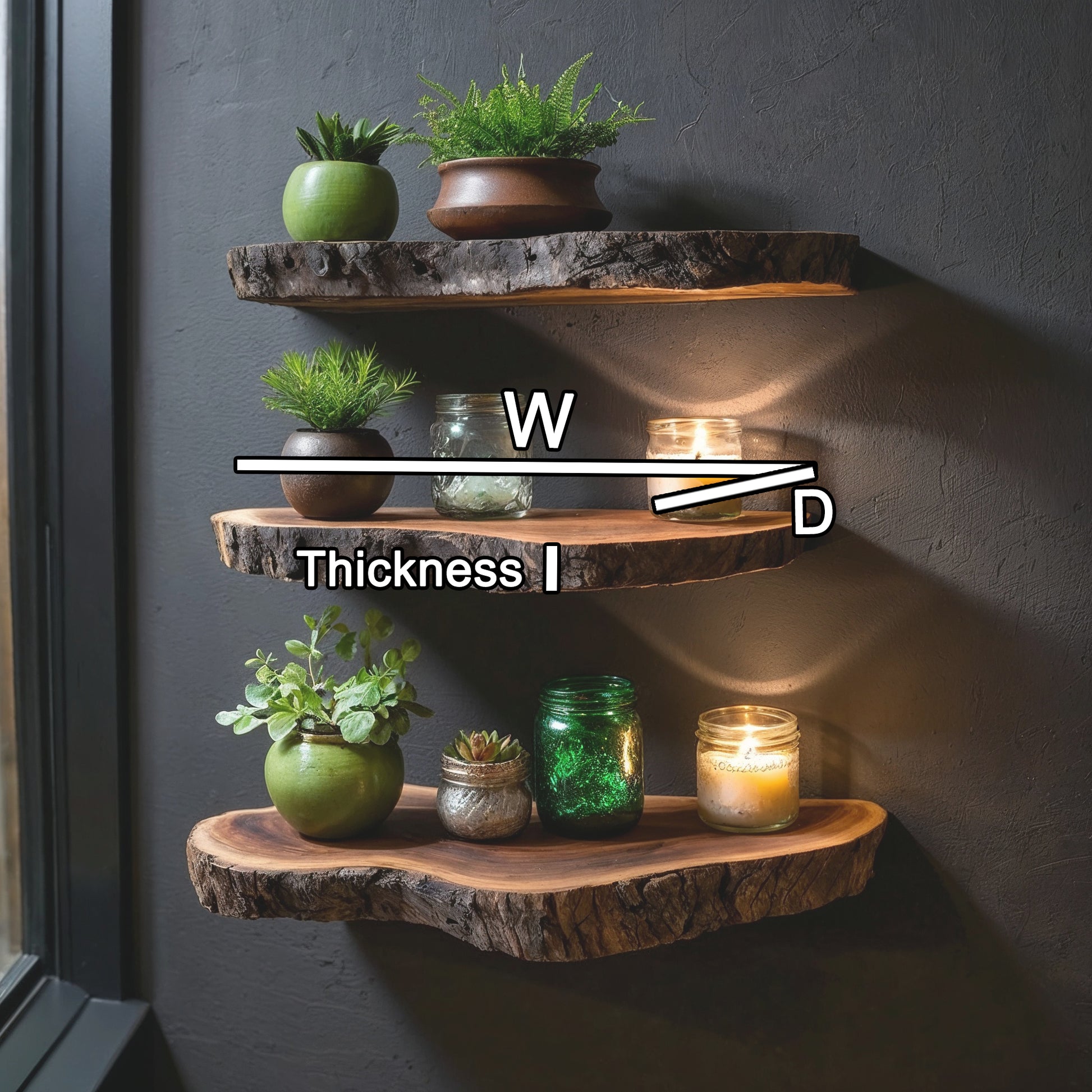 TimberLuxe Floating Shelf | Rustic Live Edge Wood Desk & Wall Decor - Bespoke Wood TTK
