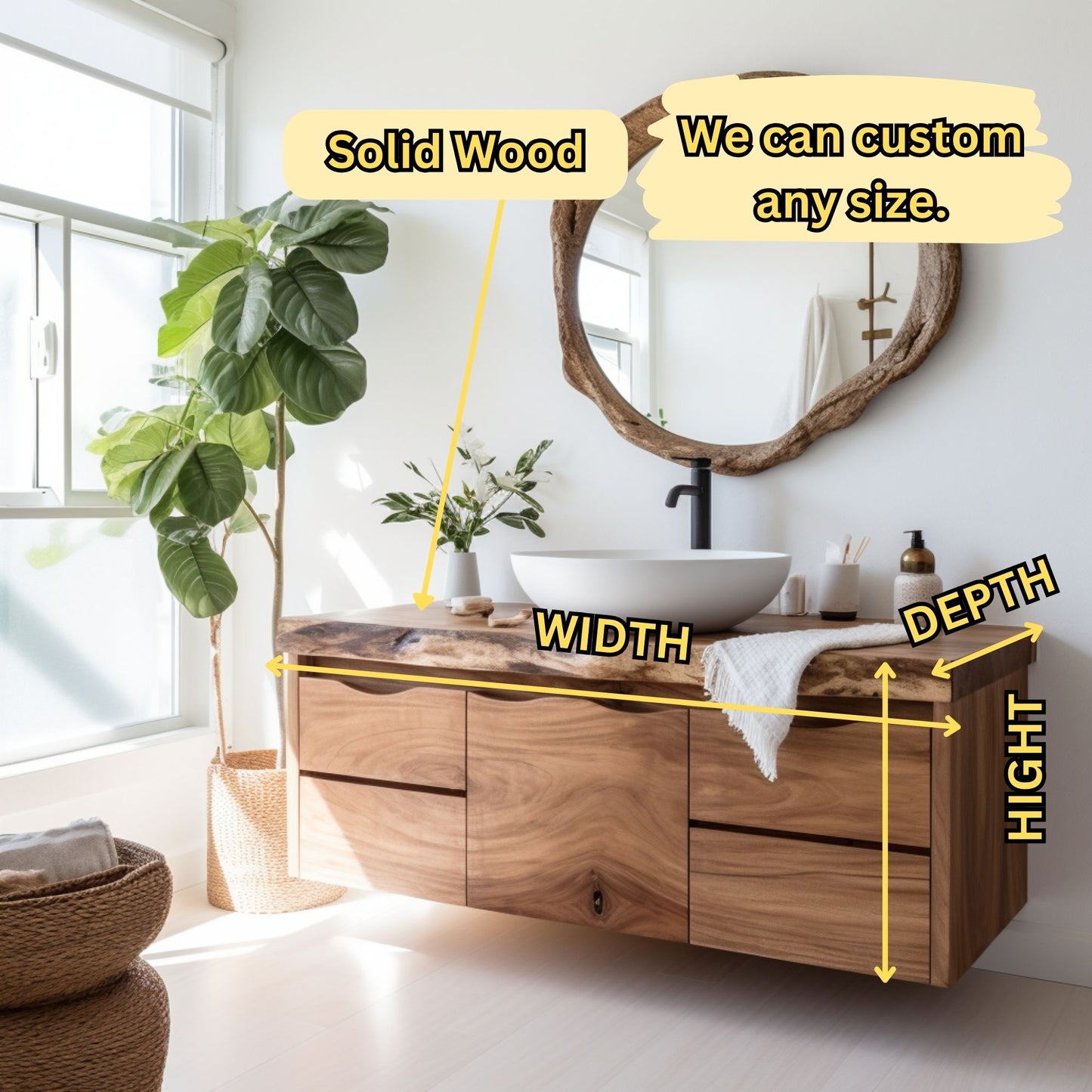Luxury Floating Live-Edge Solid Wood Bathroom Vanity – Handmade Custom Sink Cabinet with Drawers & Storage - Bespoke Wood TTK