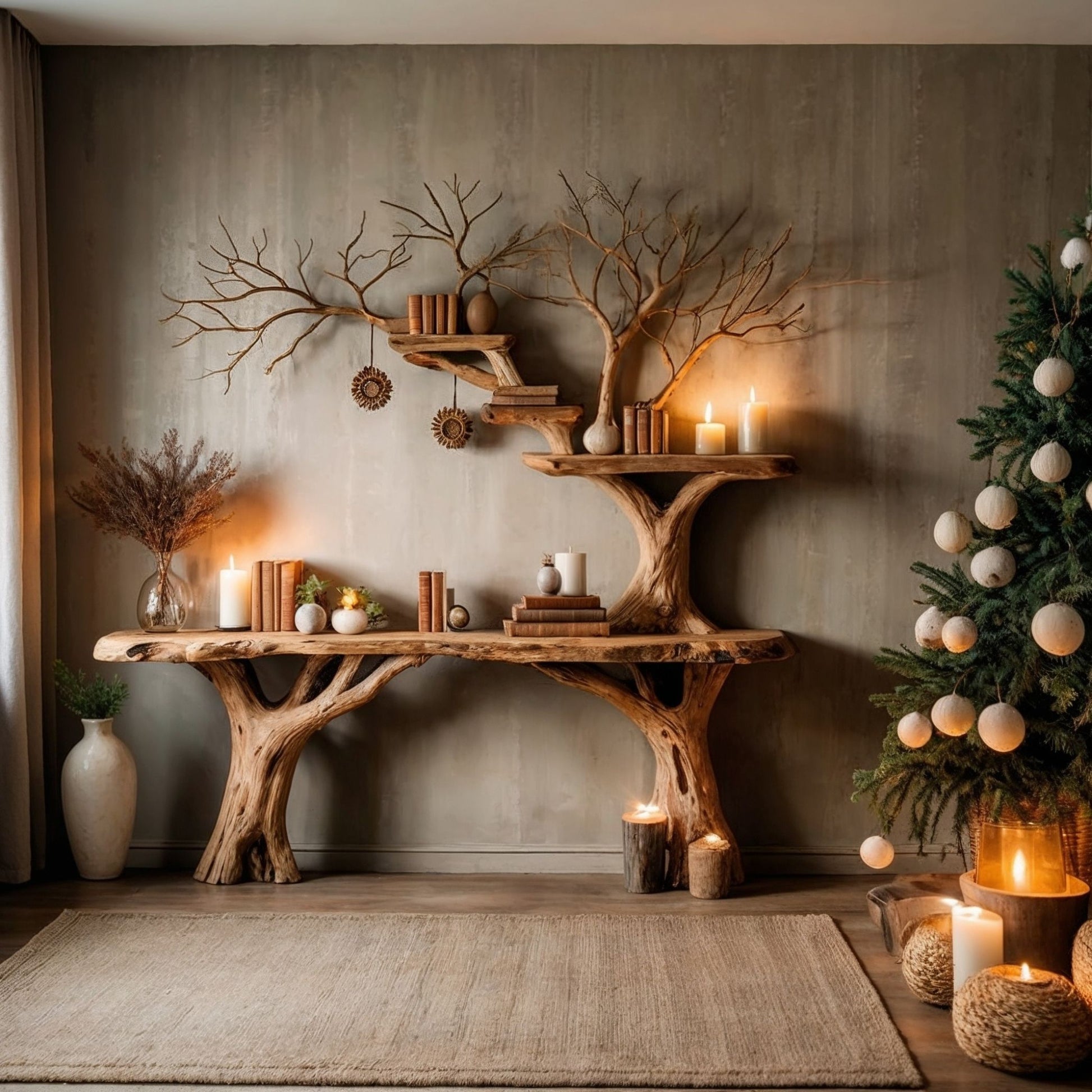 SolsticeTree Console Table | Live Edge Farmhouse Entryway with Bookshelf - Bespoke Wood TTK