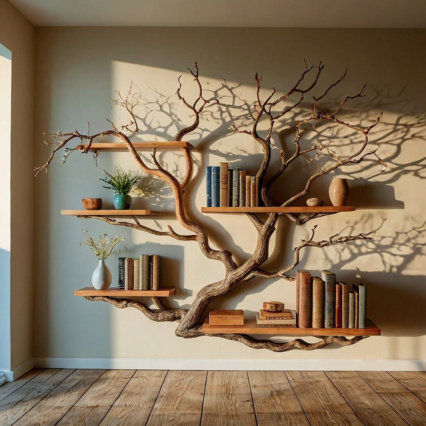 WaveNest Tree Bookshelf | Handmade Driftwood Branch Wall Bookcase - Bespoke Wood TTK