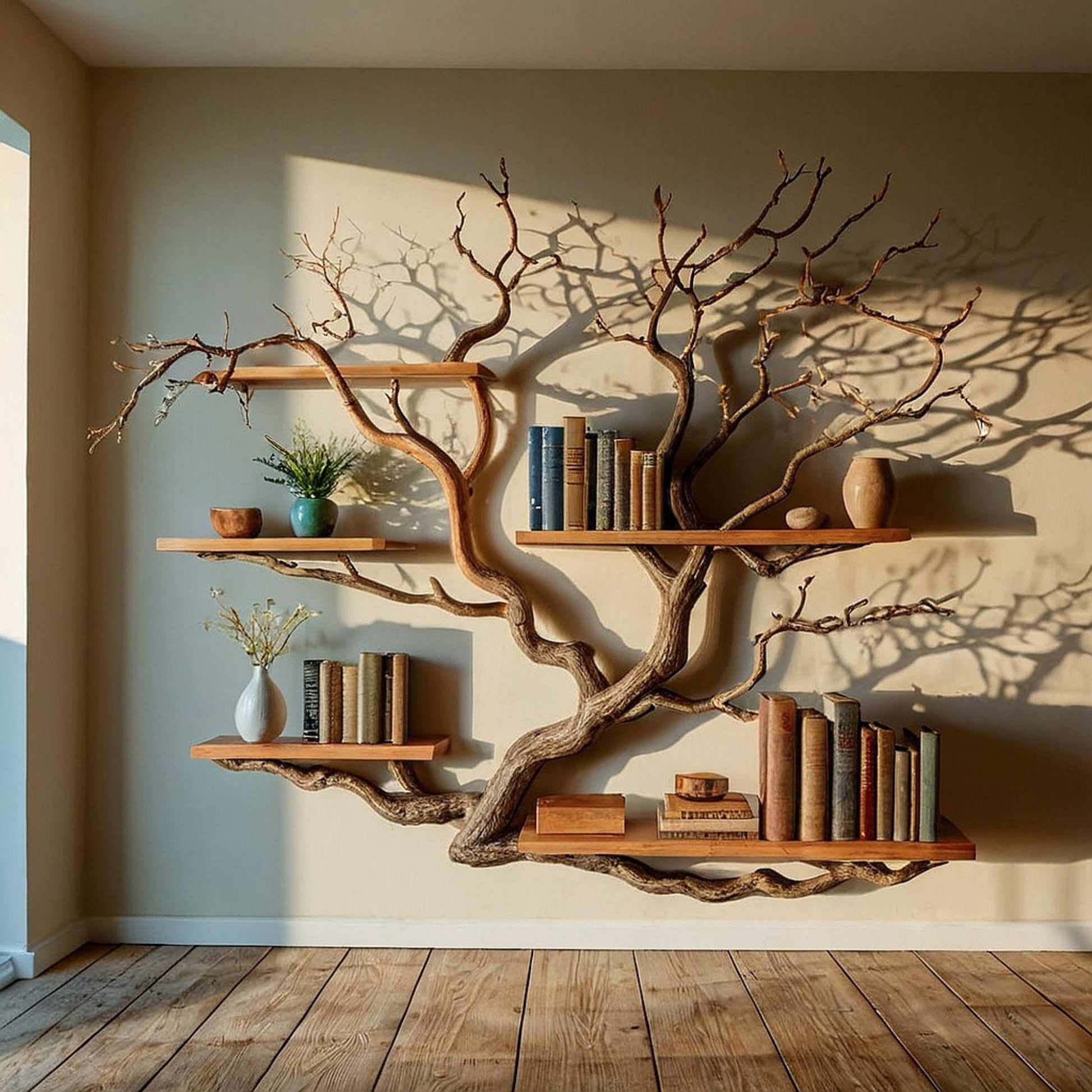 WaveNest Tree Bookshelf | Handmade Driftwood Branch Wall Bookcase - Bespoke Wood TTK