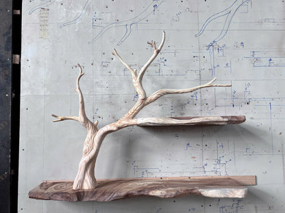 PetalRise Wall Tree Bookshelf – Handmade Floating Branch Shelf with Floral Accents - Bespoke Wood TTK