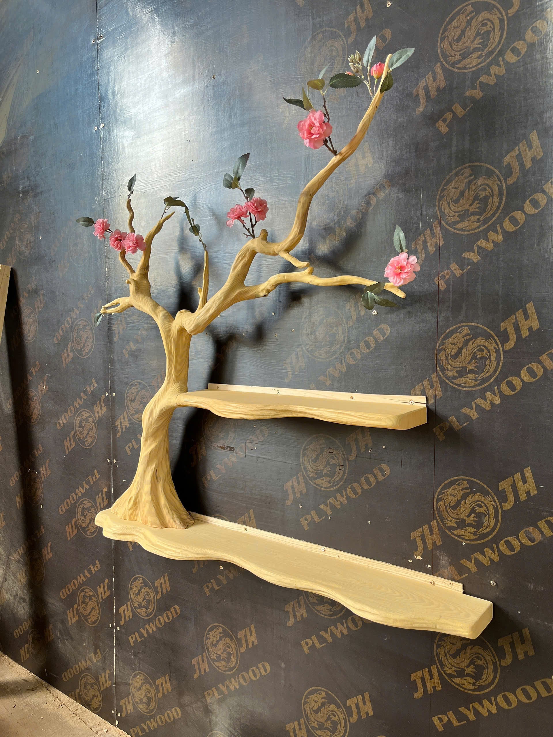 BlossomTale Tree Shelf – Handmade Wall-Mounted Floral Bookshelf with Cherry Blossom Design - Bespoke Wood TTK