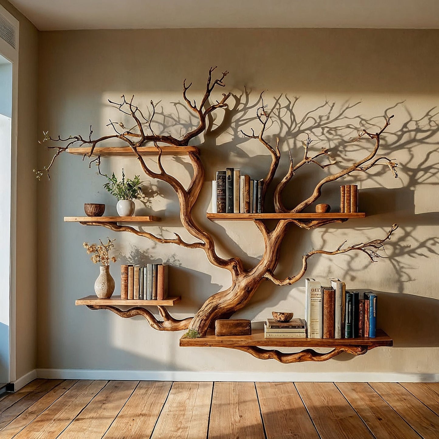 WaveNest Tree Bookshelf | Handmade Driftwood Branch Wall Bookcase - Bespoke Wood TTK