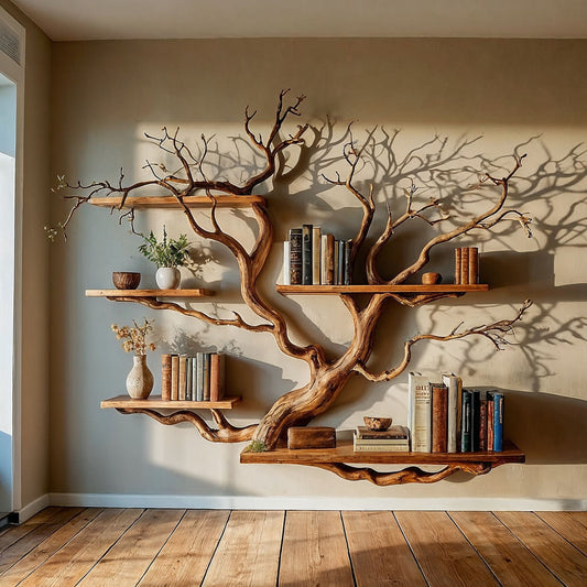 WaveNest Tree Bookshelf | Handmade Driftwood Branch Wall Bookcase - Bespoke Wood TTK