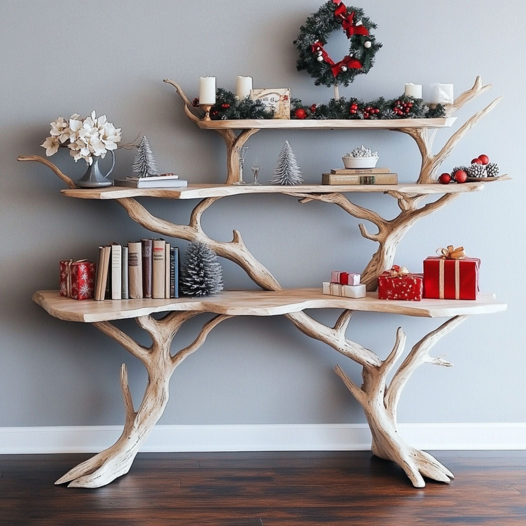 WinterBranch Tree Shelf Console | Rustic Holiday Decor & Storage