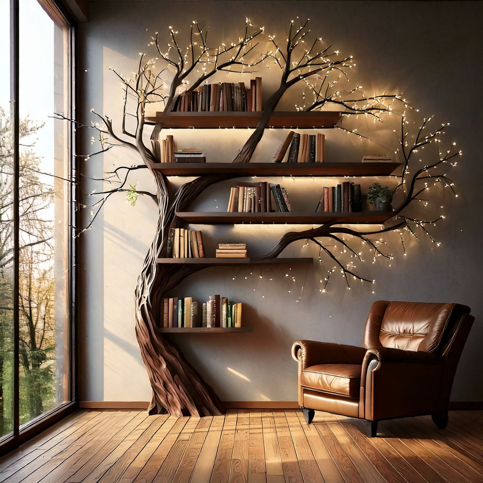 VerdantRise Tree Bookshelf | Floor-to-Wall Bookcase with Faux Leaves - Bespoke Wood TTK