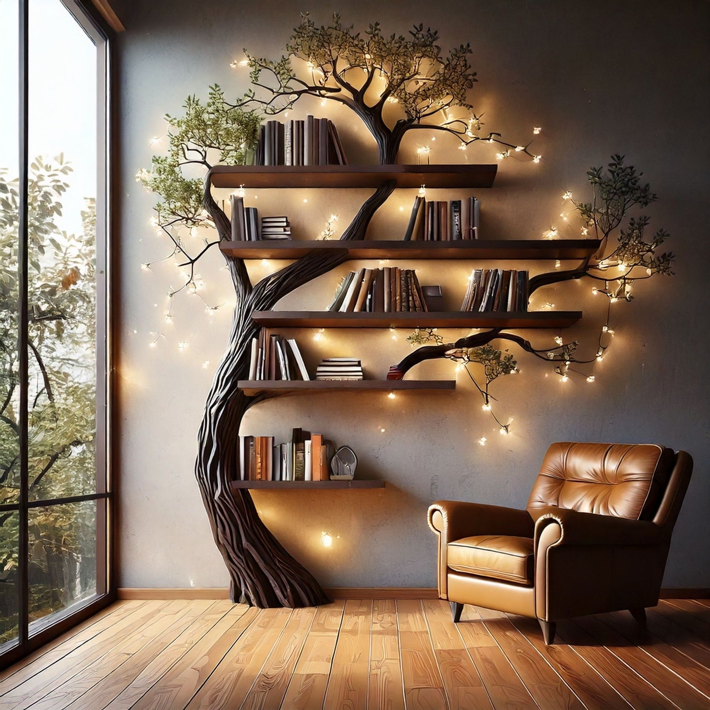 VerdantRise Tree Bookshelf | Floor-to-Wall Bookcase with Faux Leaves - Bespoke Wood TTK