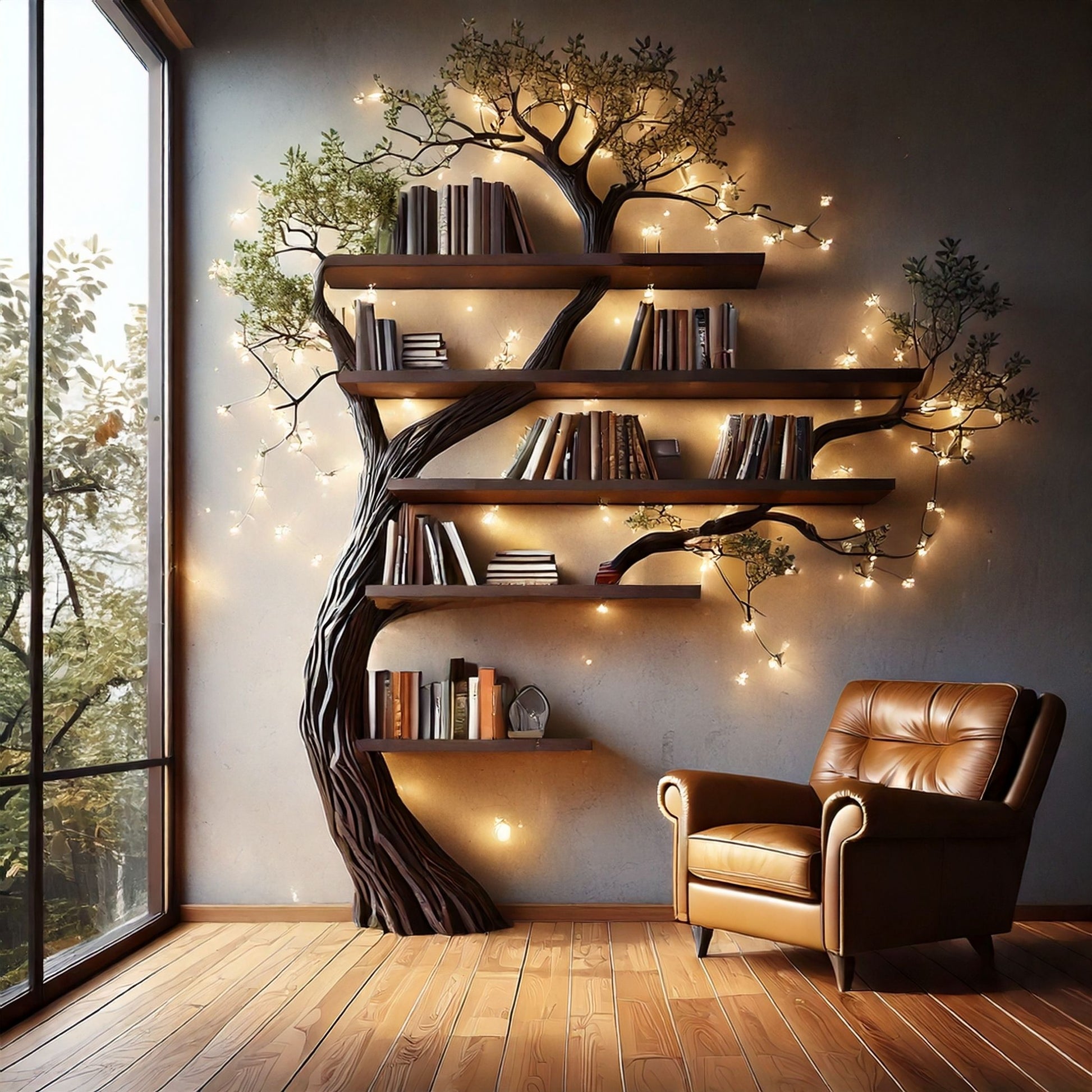 VerdantRise Tree Bookshelf | Floor-to-Wall Bookcase with Faux Leaves - Bespoke Wood TTK