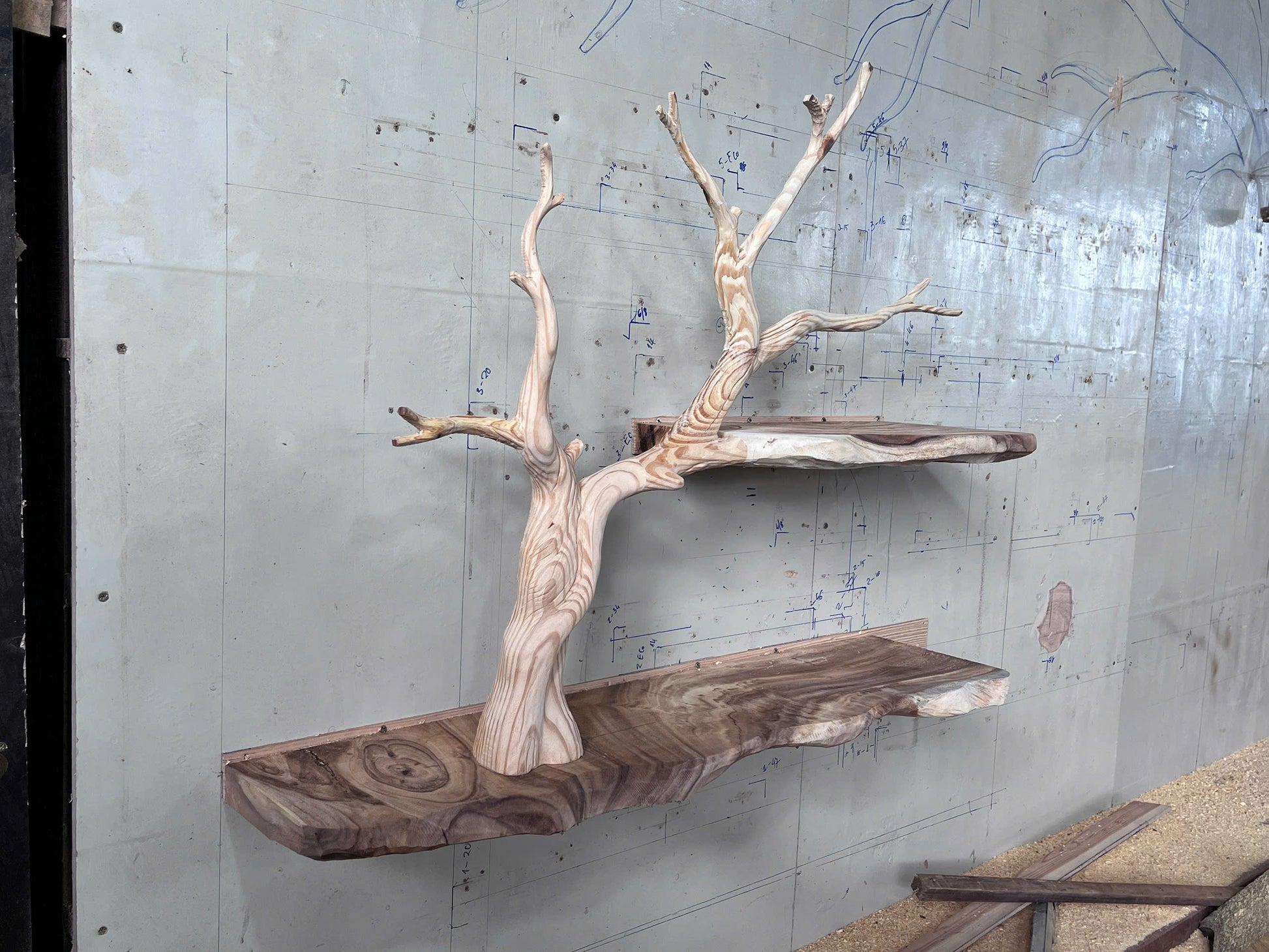 PetalRise Wall Tree Bookshelf – Handmade Floating Branch Shelf with Floral Accents - Bespoke Wood TTK