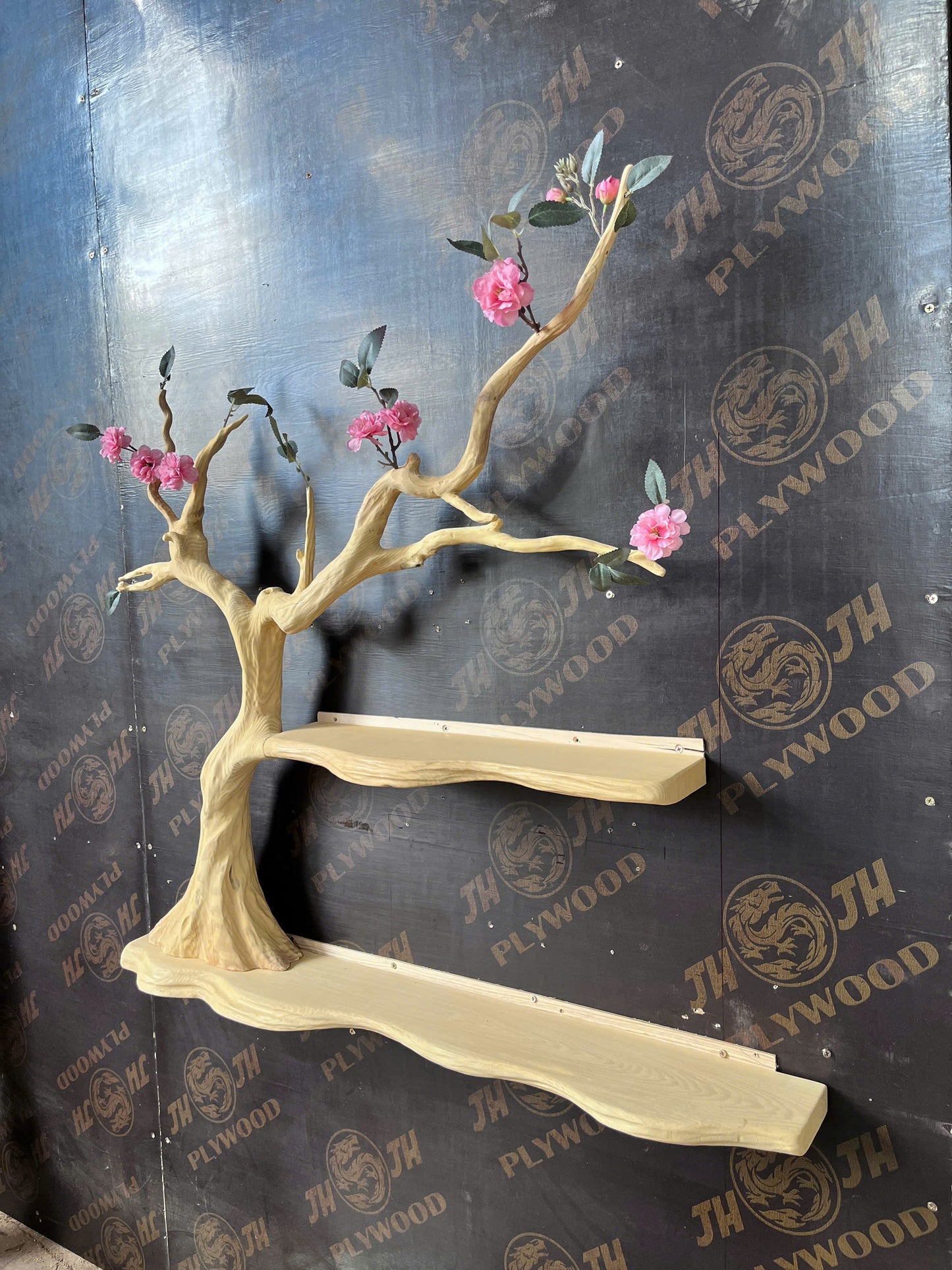 BlossomTale Tree Shelf – Handmade Wall-Mounted Floral Bookshelf with Cherry Blossom Design - Bespoke Wood TTK