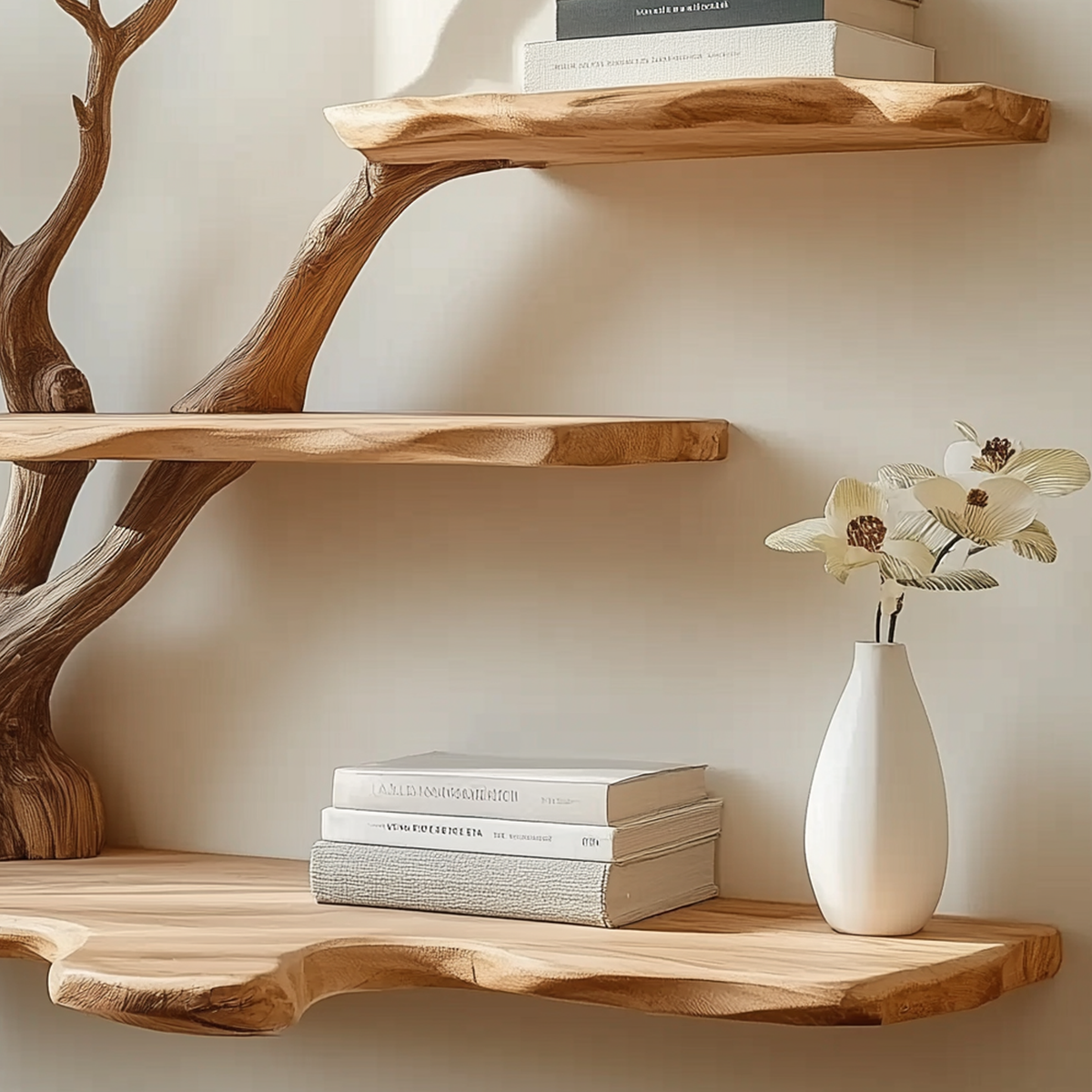 Bloomloom Tree Bookshelf | Wall-Mounted Wooden Branch Shelf With White Floral Accents For Nature-Inspired Decor - Bespoke Wood TTK
